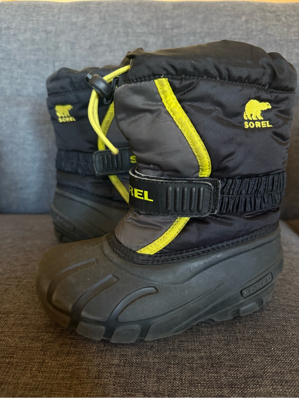 Sorel Kids Black, Gray and Lime Snow Boots